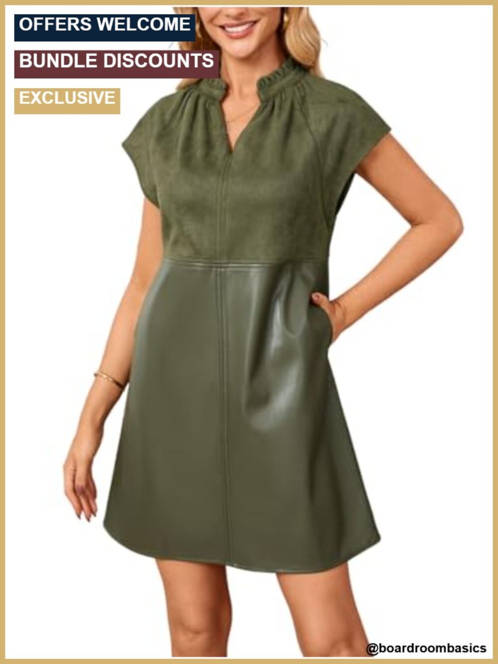 Faux Suede Faux Leather Mini Dress V-Neck Ruffle Collar Cap Sleeve